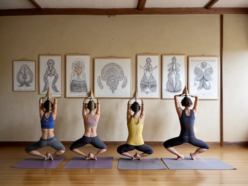 Cartel artesanal con posturas de yoga para niños colgado en una pared de aula