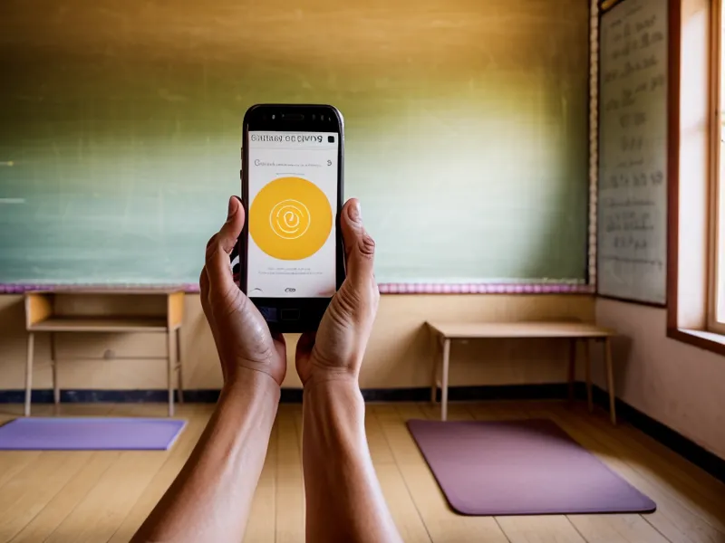 Manos de docente revisando un curso de yoga en su celular durante el recreo