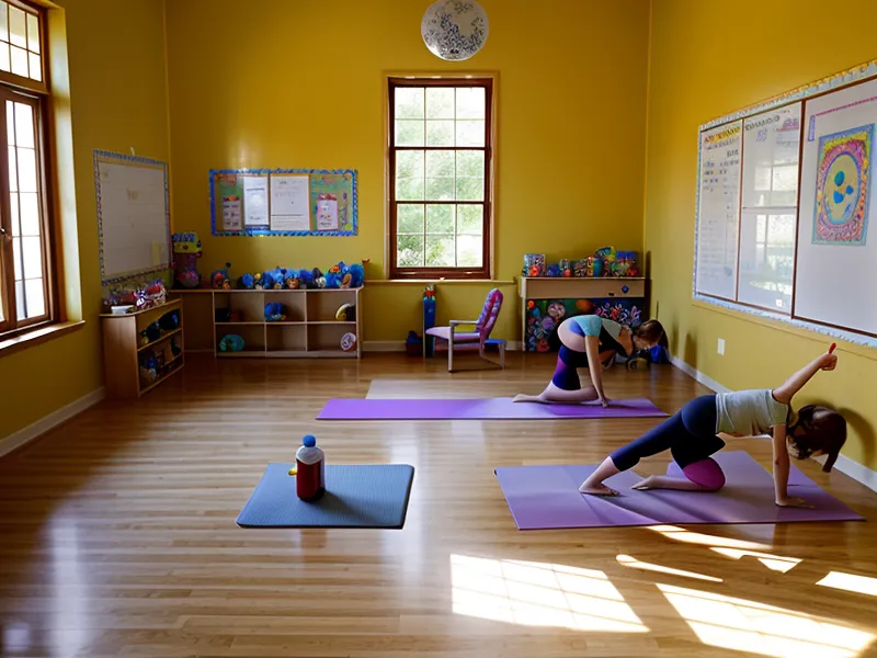Botellas de agua infantiles alineadas junto a una colchoneta de yoga en el gimnasio