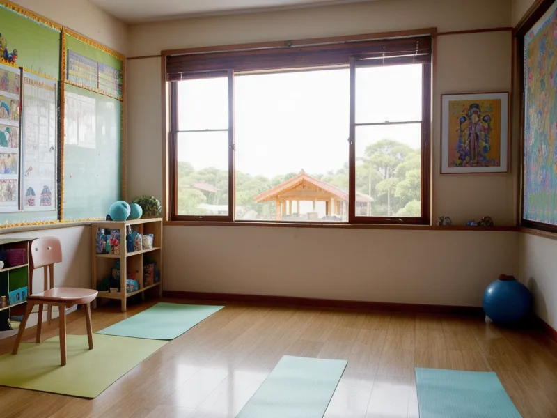 Alfombras de yoga de colores enrolladas en una caja de madera, en un aula de educación primaria