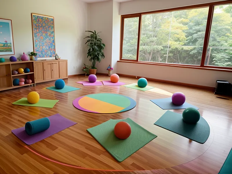 Bloques de yoga y cuenco tibetano sobre el piso de un gimnasio escolar, material usado al comparar cursos de certificación de yoga infantil