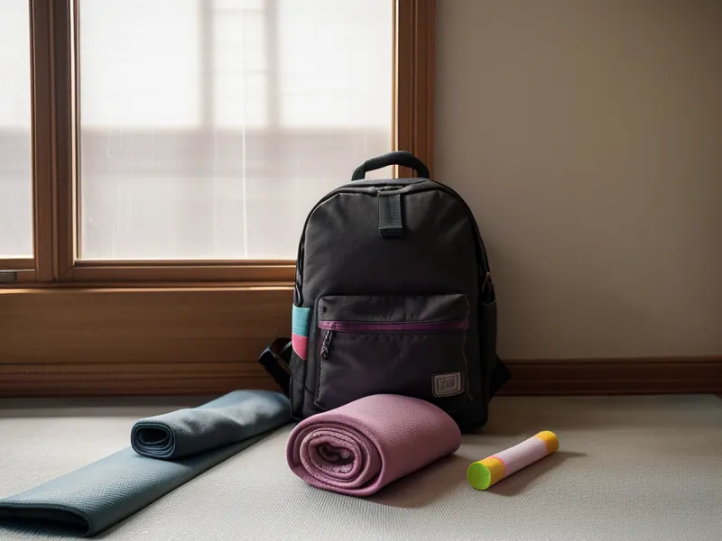 Mochila escolar y mat de yoga en un rincón soleado de una escuela primaria, parte de la rutina de una instructora de yoga para niños en formación