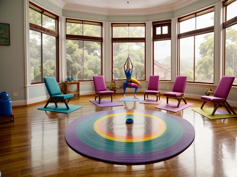 Colchonetas azules de gimnasio apiladas junto a un celular con curso de yoga