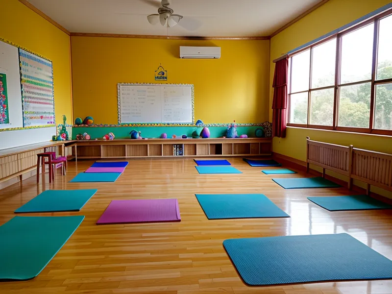 Mano de profesora sosteniendo un celular con un curso de yoga durante el almuerzo escolar.