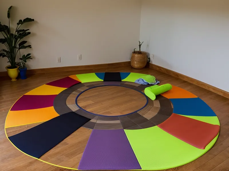 Mat de yoga en el suelo de un gimnasio escolar para clases de yoga infantil