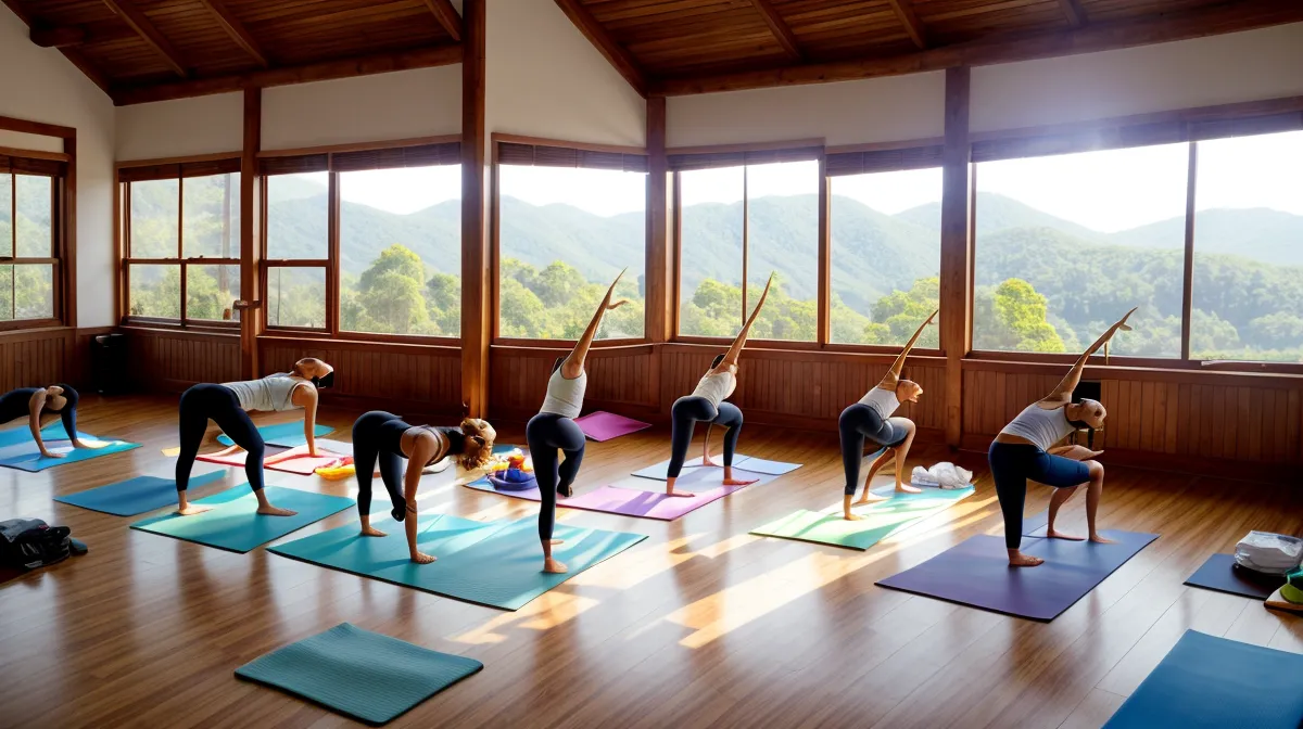Colchonetas de yoga infantil organizadas para un taller de fin de semana, parte del plan de formación de instructoras