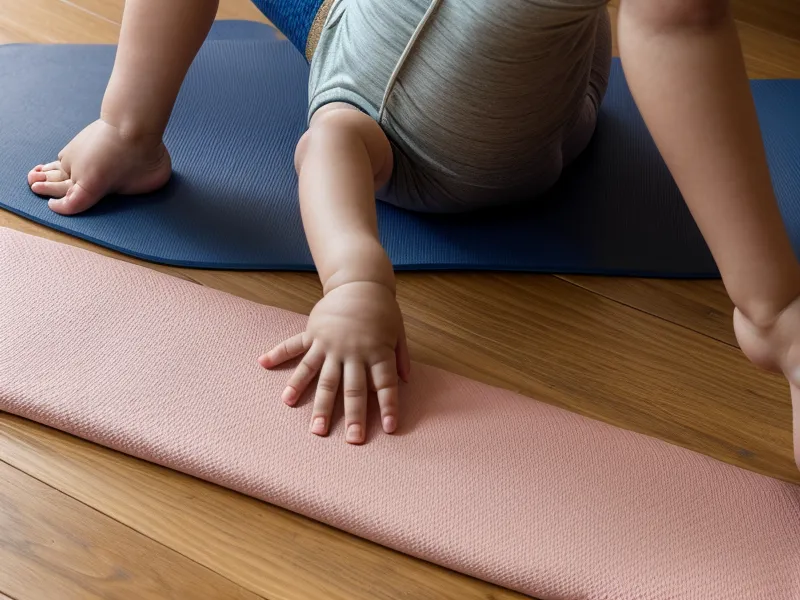 Primer plano de un mat de yoga infantil con ilustración de la postura del árbol, ejemplo de currículo adaptado para un taller de fin de semana