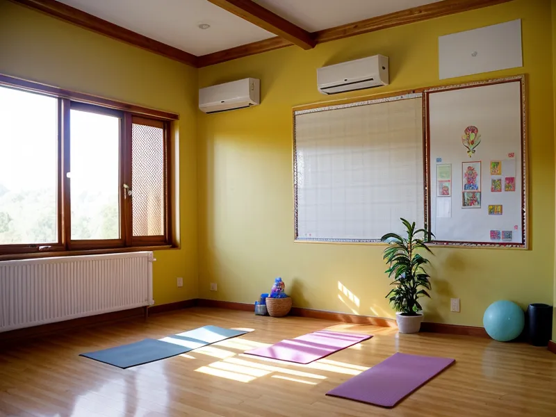 Mat de yoga infantil junto a zapatos de niño en el patio de una escuela