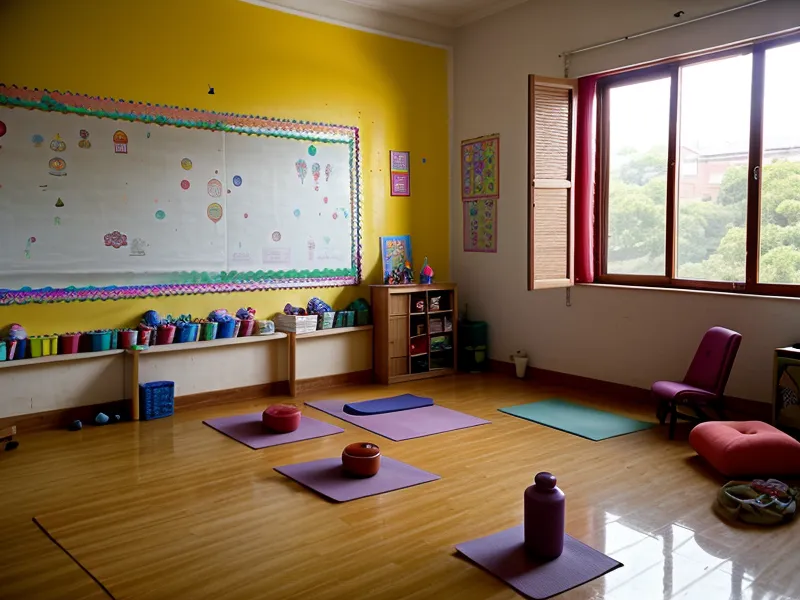 Mats de yoga infantil organizados para una clase con metodología de enseñanza lúdica
