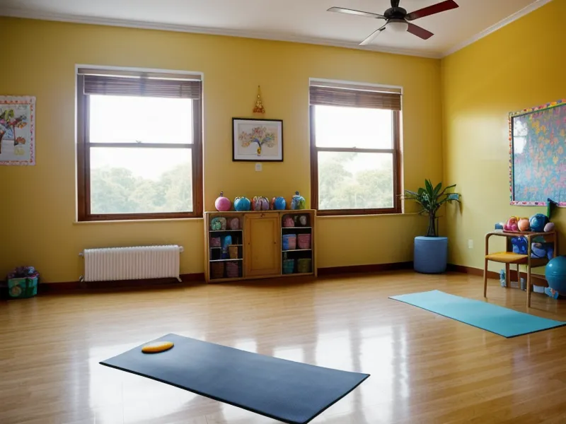 Primer plano de mats de yoga y botellas de agua en un rincón escolar soleado.