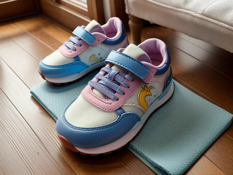 Zapatos deportivos infantiles junto a un mat de yoga infantil durante una clase de educación física