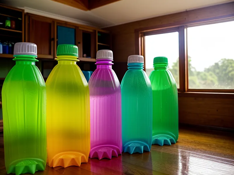 Botellas de agua con nombres de niños alineadas durante una clase de yoga infantil de educación física