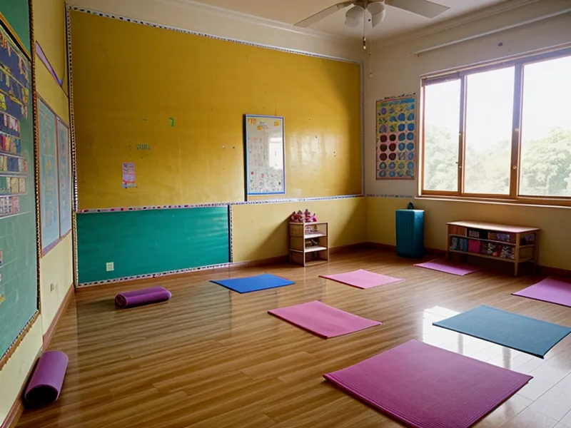 Colchonetas de yoga infantil de colores primarios sobre un piso de madera desgastado, listas para una clase con grupos grandes