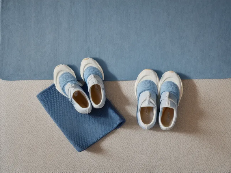 Zapatillas de niño junto a una colchoneta de yoga infantil, lista para una clase de gestión de aula en primaria.