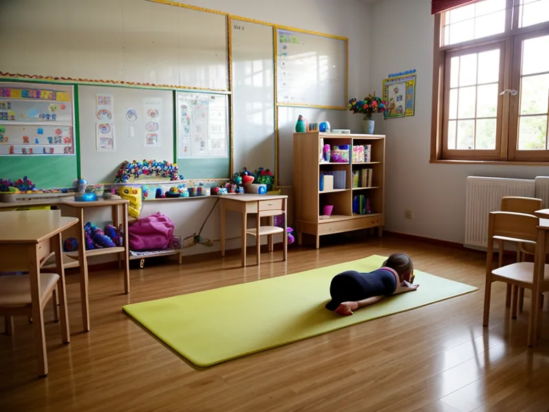 Mochilas escolares junto a mats de yoga infantil en un pasillo de escuela ecuatoriana antes de una clase extraescolar
