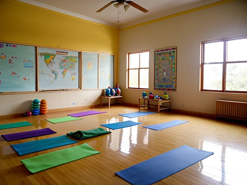 Patio de una escuela en Quito con botellas de agua alineadas, contexto de una clase de yoga infantil después del horario escolar