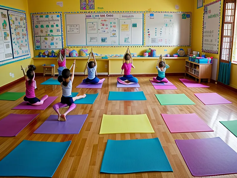 Pila de colchonetas de yoga infantil y tarjetas didácticas para actividades de relajación en clase de educación física
