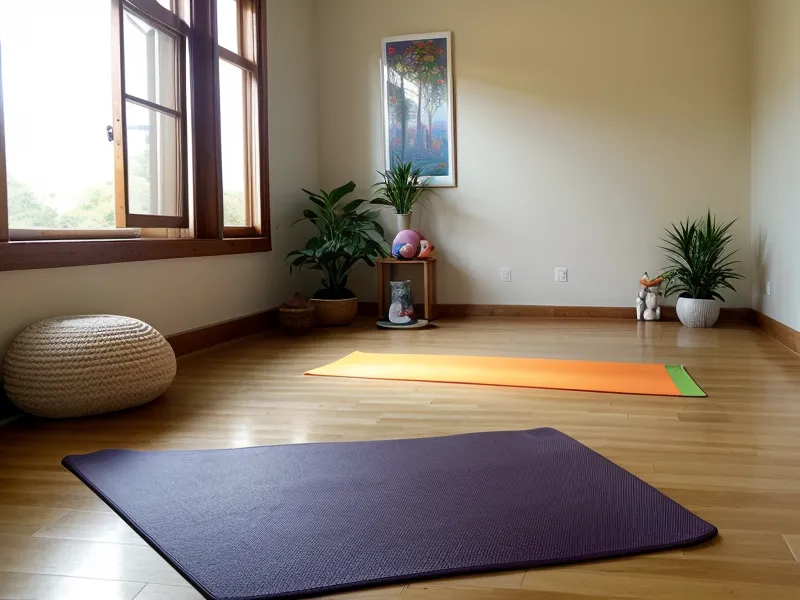 Detalle de colchonetas de yoga para niños y zapatos deportivos en un gimnasio escolar.