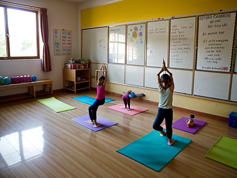 Cartel artesanal con dibujos de posturas de yoga para niños colgado en una pared.