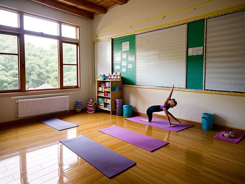 Colchonetas de yoga infantil junto a estanterías estilo Montessori en un ambiente educativo