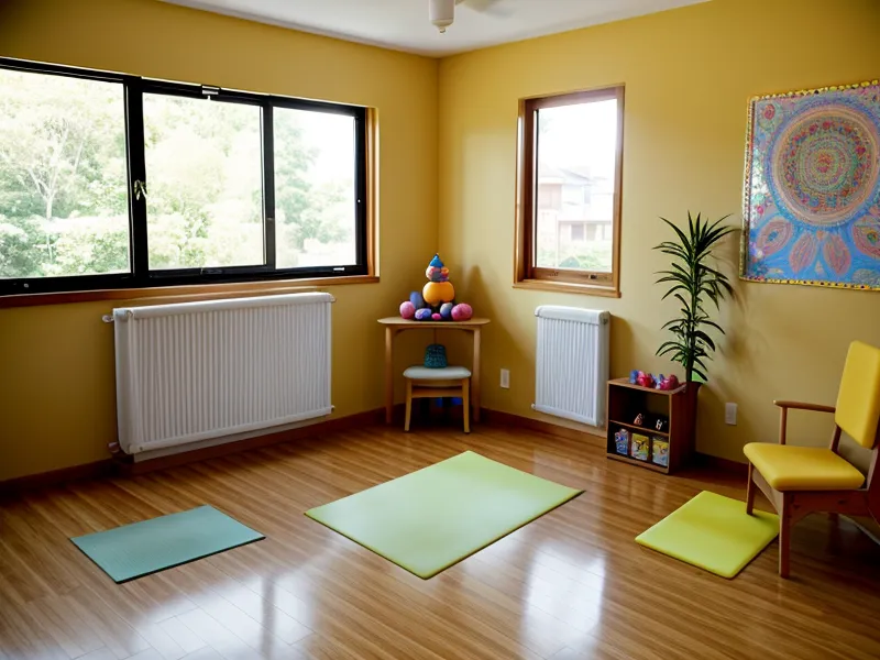 Cartel artesanal con posturas de yoga infantil y nombres lúdicos en la pared de una escuela de educación física