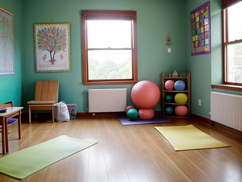 Colchoneta pequeña de yoga infantil y zapatos de niño en el gimnasio de una escuela de educación física en Quito