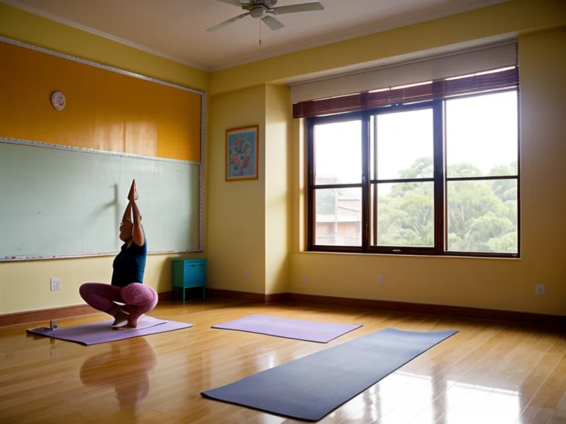 Laptop en un escritorio de profesora mostrando un módulo del curso de yoga para niños.