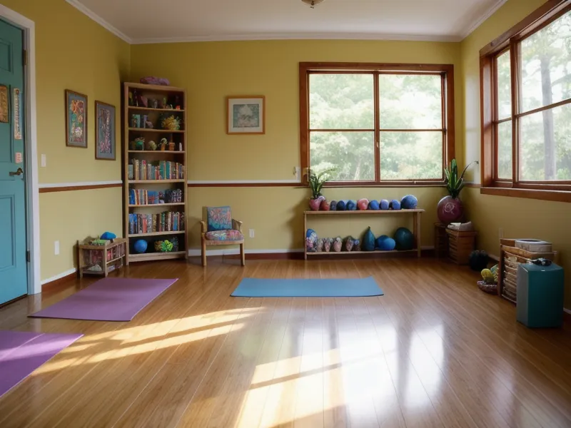 Mano de profesora sosteniendo un celular con curso de yoga junto a colchonetas de gimnasio