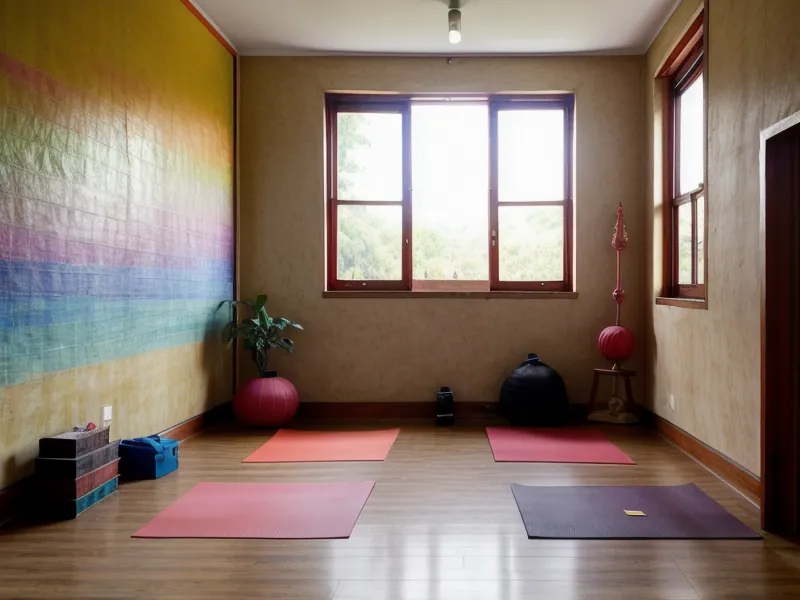 Avión de papel hecho con folleto de yoga sobre una colchoneta de colores