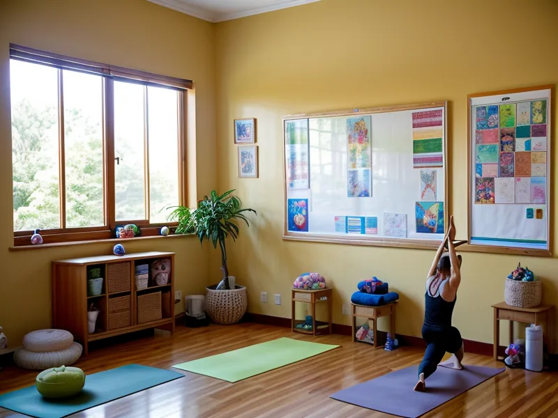 Botellas de agua con nombres de niños alineadas en un banco antes de la clase de yoga infantil