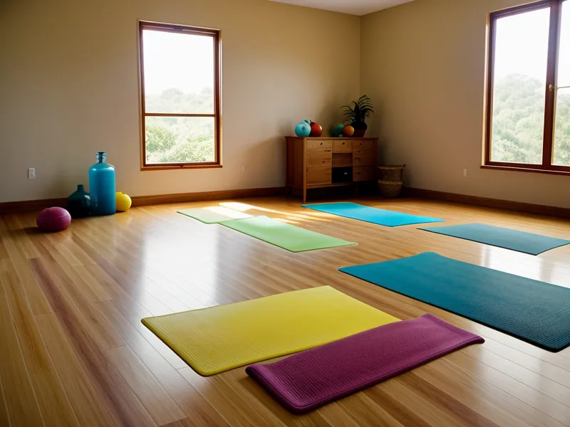 Accesorios para clases de yoga infantil: mat enrollado, cuenco decorativo y botella de agua