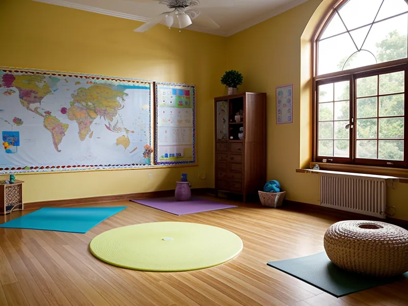 Zapatos de niño junto a una colchoneta de yoga infantil amarilla durante una clase escolar