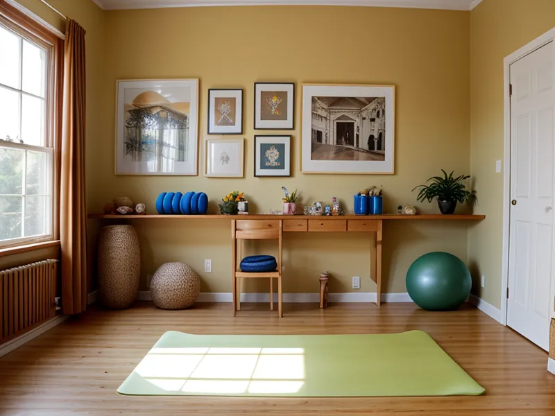 Primer plano de colchonetas de yoga de colores y zapatos de niños en el suelo de madera de un aula.