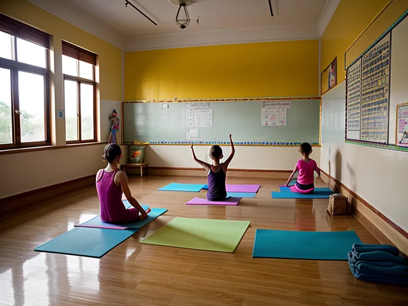 Cartel artesanal en la pared de una escuela mostrando posturas de yoga para niños con nombres en español.