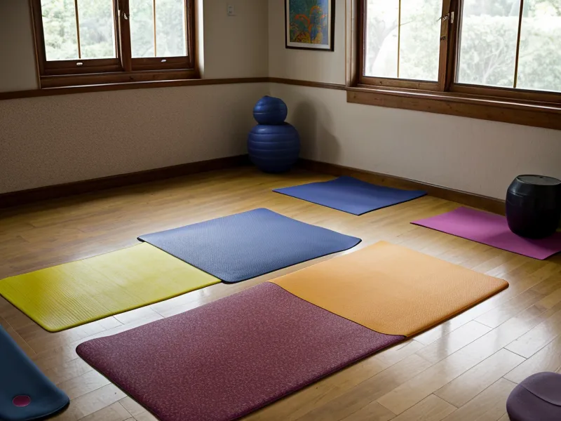 Patio de escuela pública en Quito con una colchoneta de yoga azul sobre el cemento agrietado.