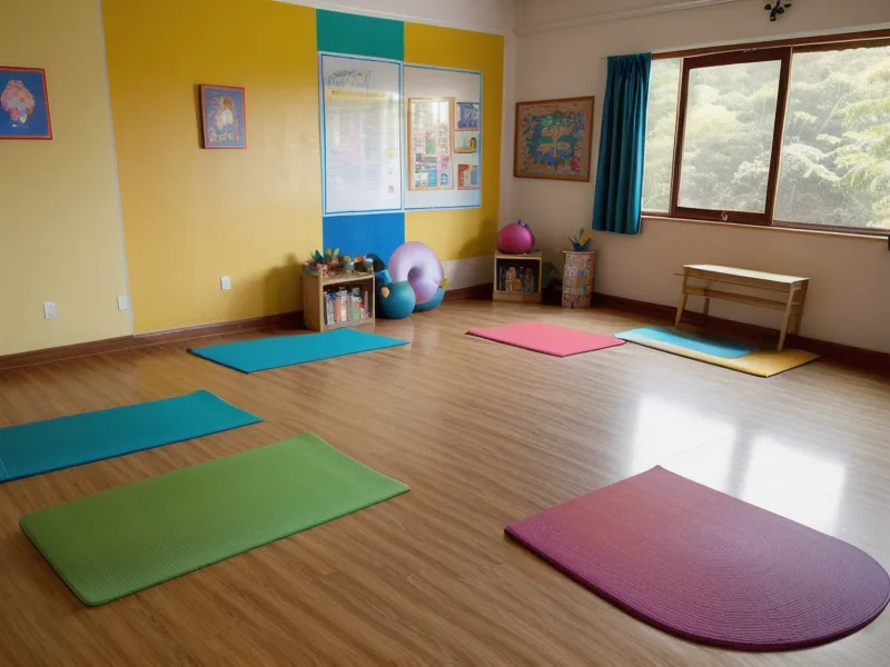 Detalle de mat de yoga infantil y zapatos deportivos en el suelo de madera