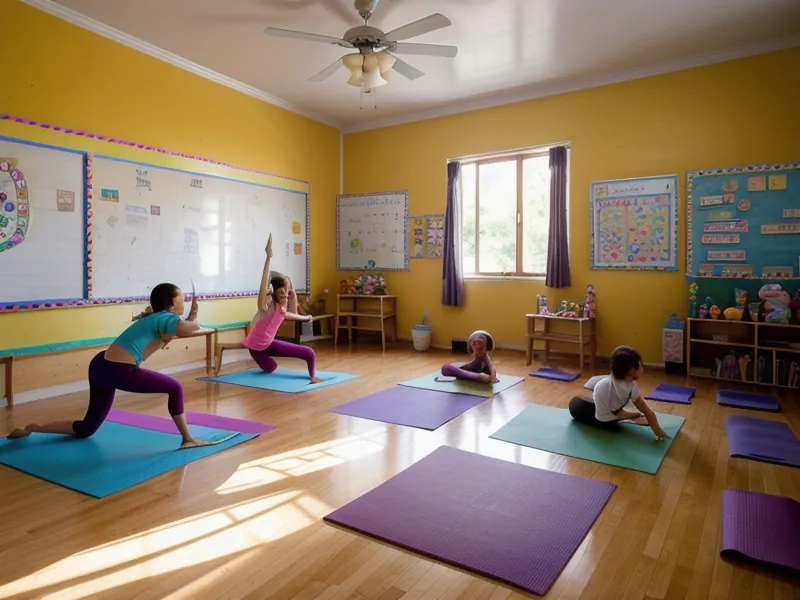 Botellas de agua con nombres de alumnos alineadas junto a los mats de yoga