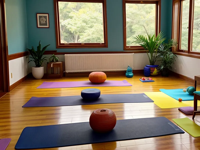 Esterillas de yoga infantiles usadas y spray de limpieza en un rincón del aula