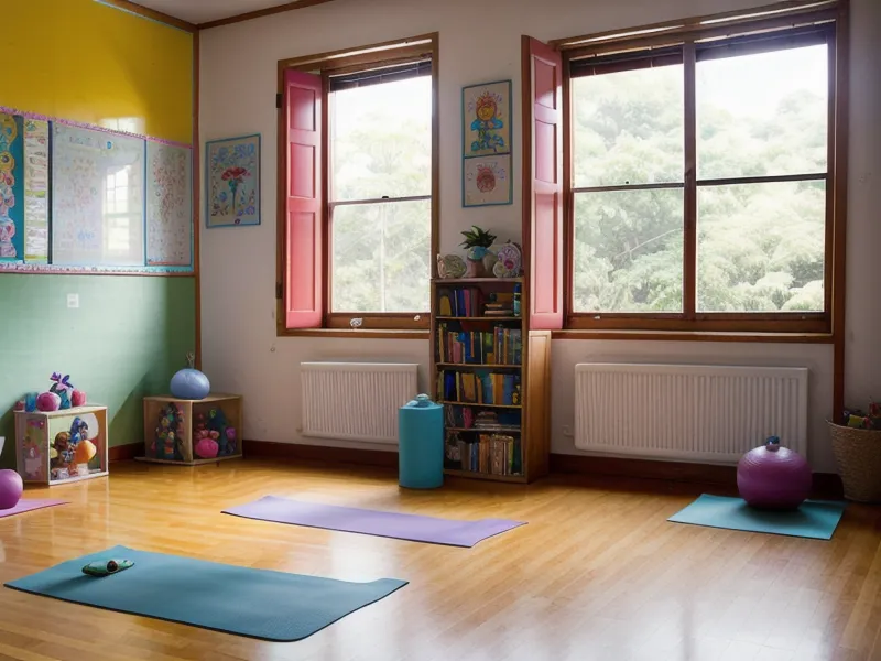 Póster artesanal con dibujos de posturas de yoga para niños en una pared.