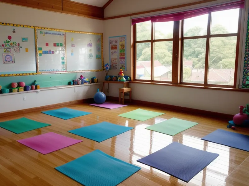 Colchoneta de yoga infantil con zapatos pequeños y una botella de agua al lado.
