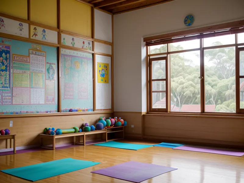 Instructora revisando seguros y aspectos legales para sus clases de yoga infantil privadas, un paso clave en su emprendimiento de bienestar y la seguridad de los niños.