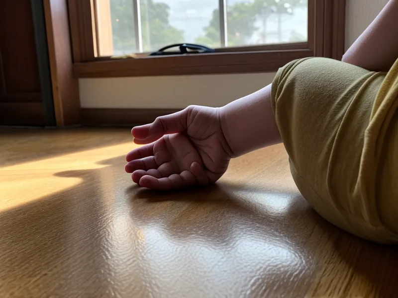 Detalle de mano de niño sobre colchoneta de yoga en entorno escolar.