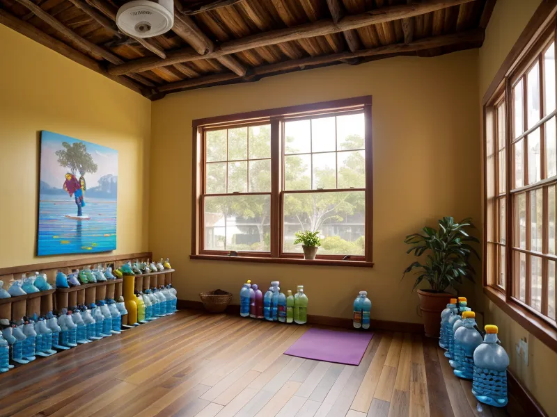 Botellas de agua con nombres alineadas en el gimnasio de la escuela.