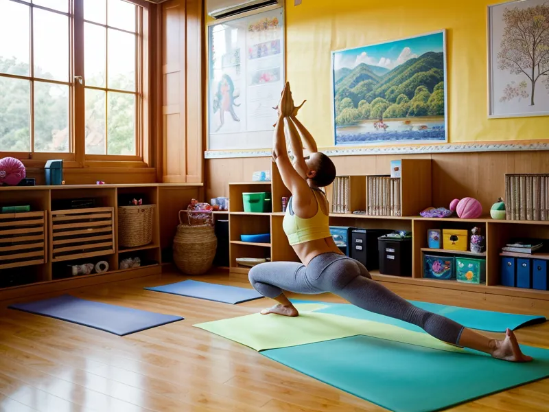 Maestra de educación física comparando certificación online de yoga infantil en el celular durante el recreo
