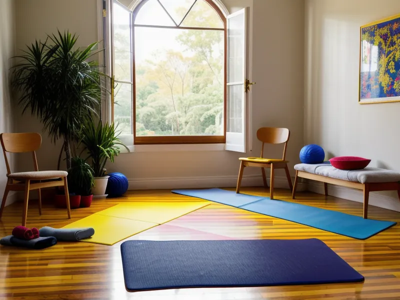 Laptop abierta con un curso de yoga en casa sobre una colchoneta, parte de la formación docente en yoga infantil