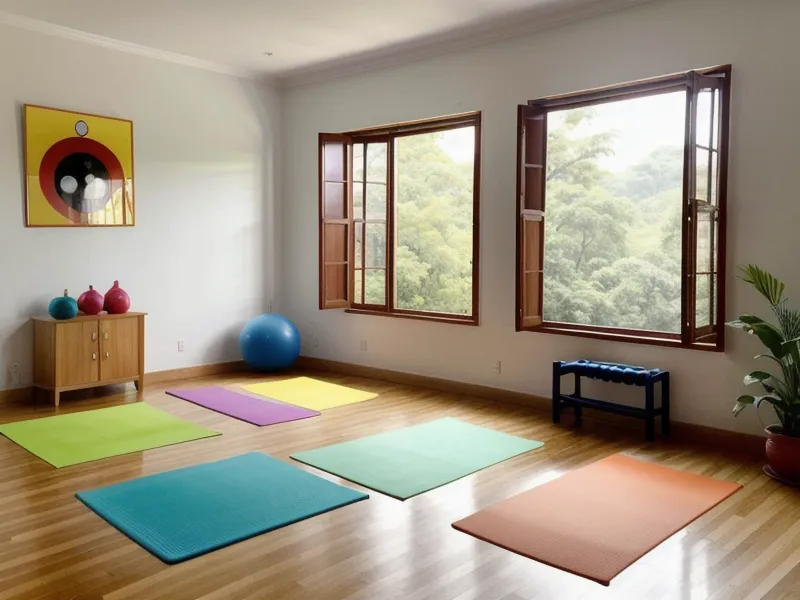 Zapatos deportivos de una profesora de educación física junto a un bloque de yoga infantil