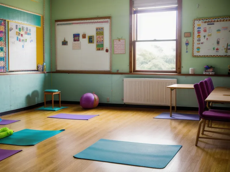 Mat de yoga infantil junto a zapatos escolares de lona, evidencia de una clase de educación física con secuencias aprendidas en formación online